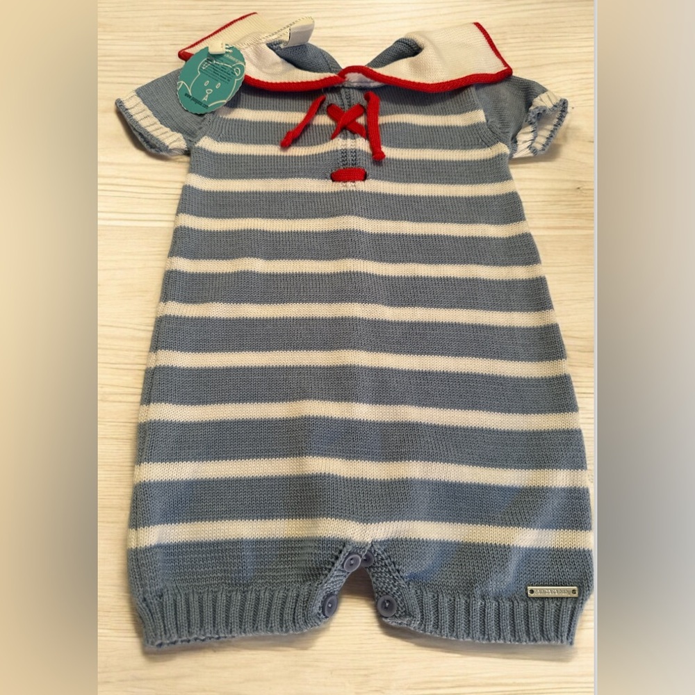 PANGASA BABY - BABY BOYS BLUE & WHITE STRIPE KNITTED ROMPER SUIT
